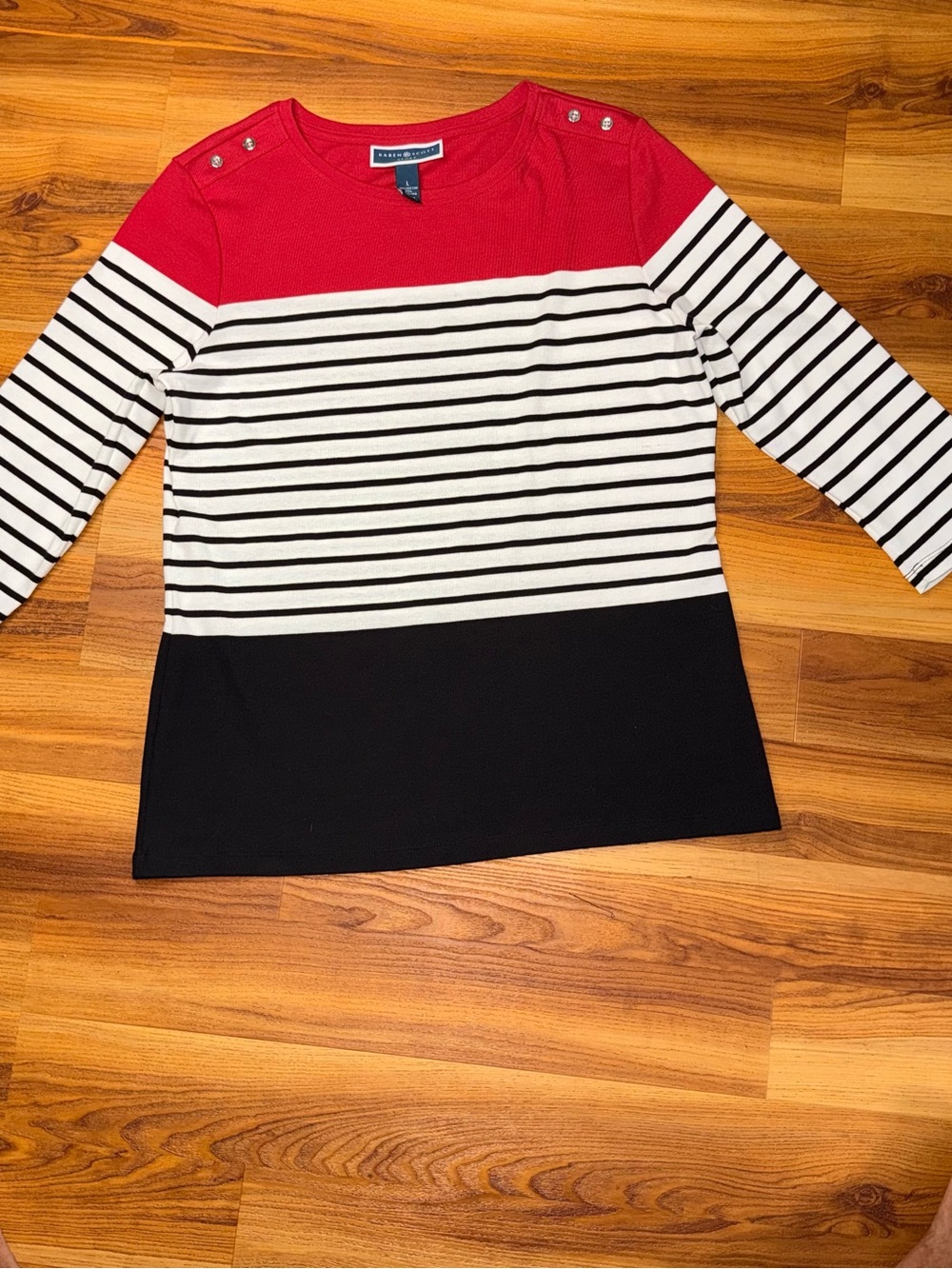 Karen Scott Red, White & Black Striped Long Sleeve Top